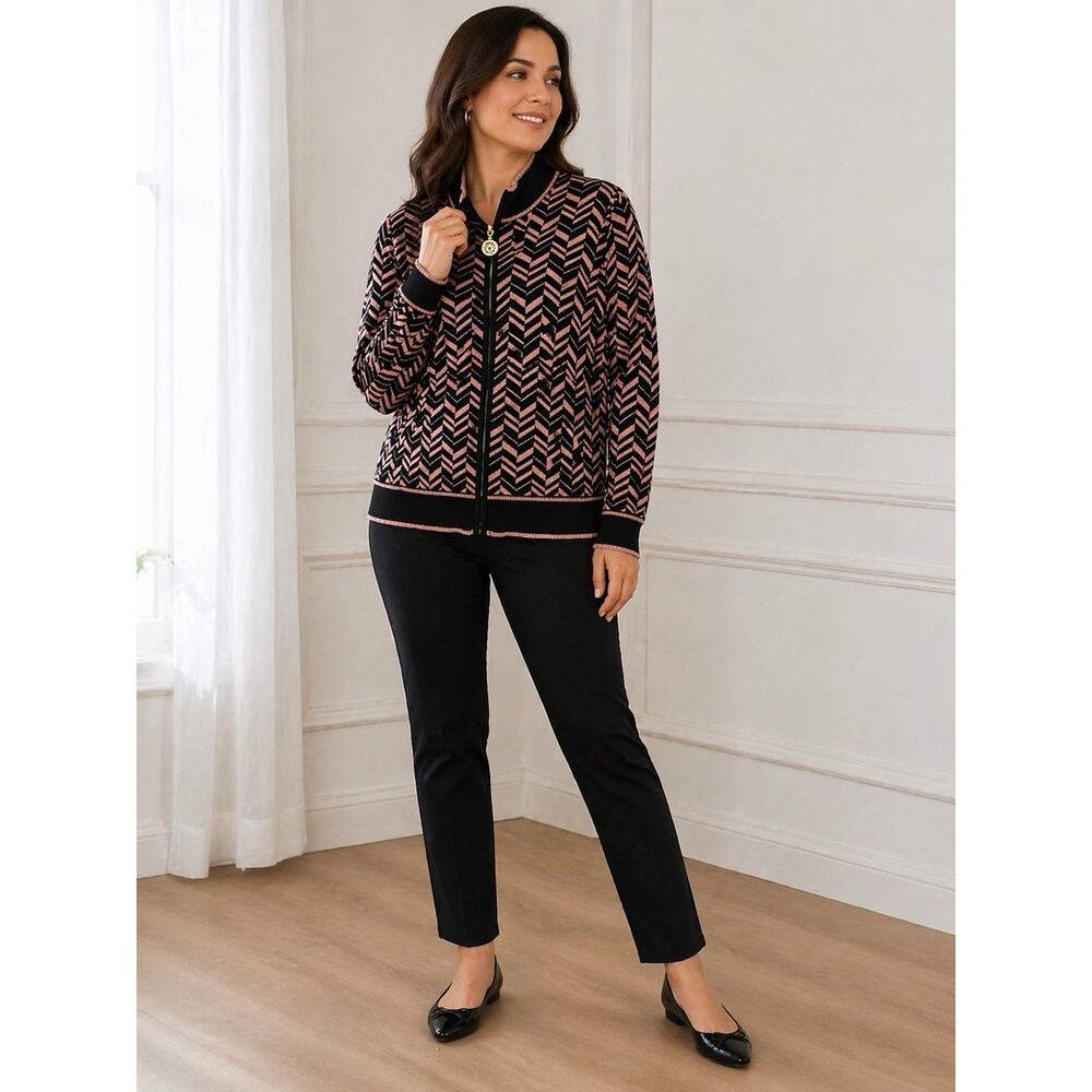 Anne Klein Womens 1X Zip Front Sweater Jacket Black Pink Chevron Knit Cardigan
